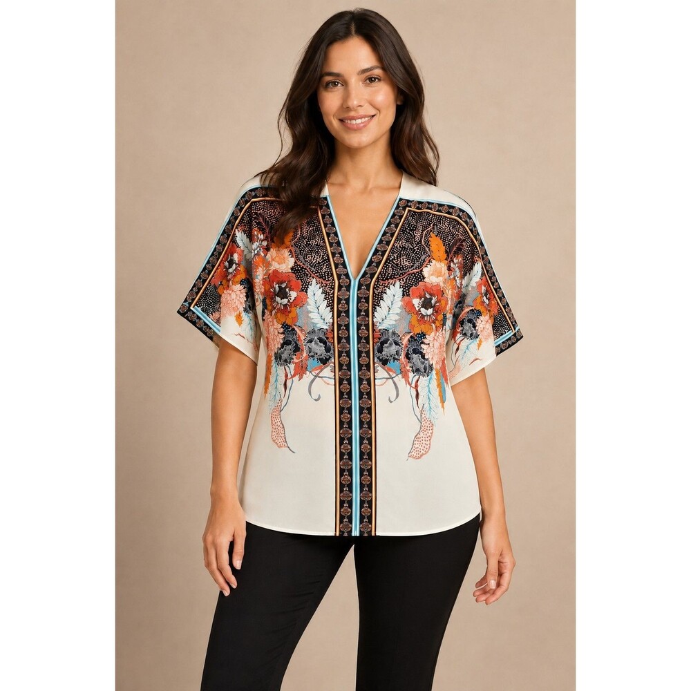 Women’s Cream Floral Scarf Print V-Neck Kimono Blouse Boho Caftan Tunic Top